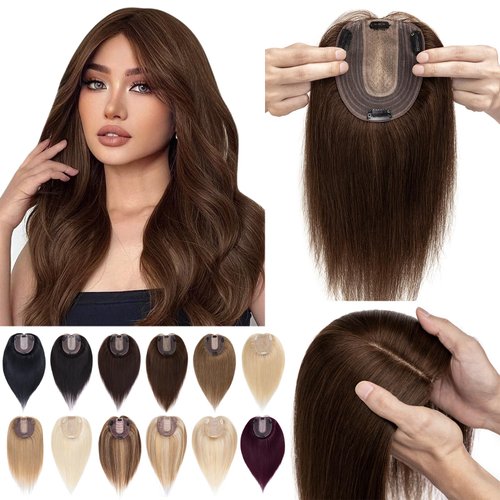 SEGO Hair Toppers for Women Real Human Hair No Bangs 130% Density 10 * 12CM Silk Base 100% Remy Human Hair Clip in Top Wiglet Hair Pieces for Thinning Hair-6 Inch Medium Brown