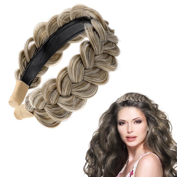Qianyu Braided Headband 3 Strands Messy Classic Thick Wide Braided Synthetic Hair Braid Elastic Covering Hair Band with Non-slip Teeth Fashionable Hair Accessories for Women and Girl