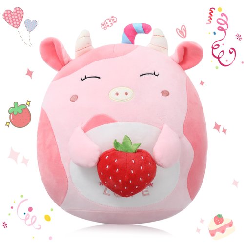 MIAODAM Cute Cow Plush Strawberry Pillow -12in, Adorable Strawberry Cow Stuffed Animal, Cuddle Squishy Body Pillow for Kids Boys Girls, Soft Pink Cow Plushie Toy