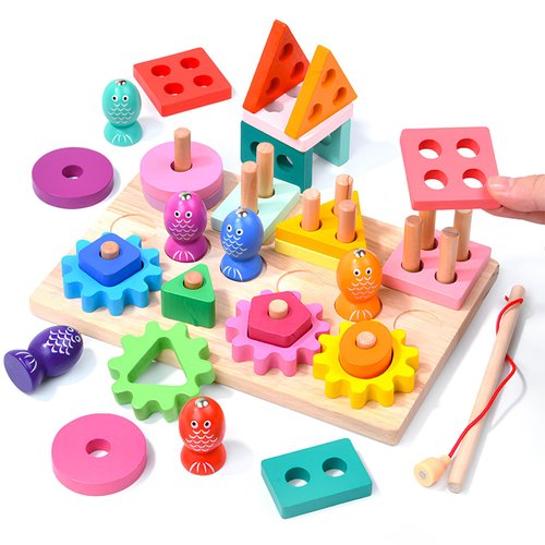 Wooderma Montessori Toys for 3 4 5 Years Old Toddlers, Wooden Sorting & Stacking Toys, Shape Sorter and Color Stacker Preschool Kids Gifts, 3-in-1 Educational Toy Gift for Baby Boys Girls