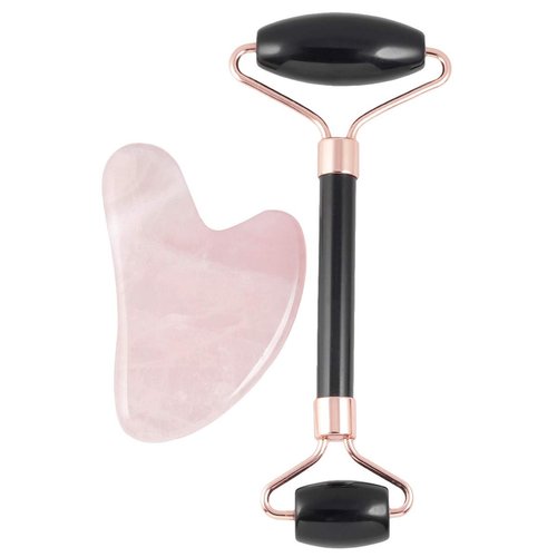 Rockcloud Natural Crystal Jade Roller and Gua Sha Scraping Set Massager Tool for Anti Aging Beauty Neck Body Reduce Wrinkles Facial Massager Therapy Black Obisidian and Rose Quartz Crystal Stone