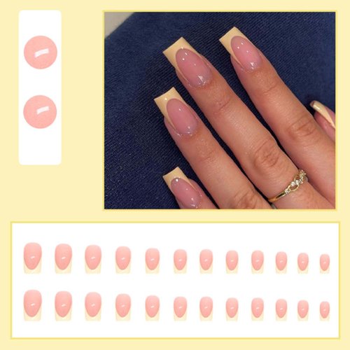 YoYoee Short Square False Nails French Press on Nails Yellow Fake Nails Acrylic Cute Nails Tips for Women and Girls 24PCS