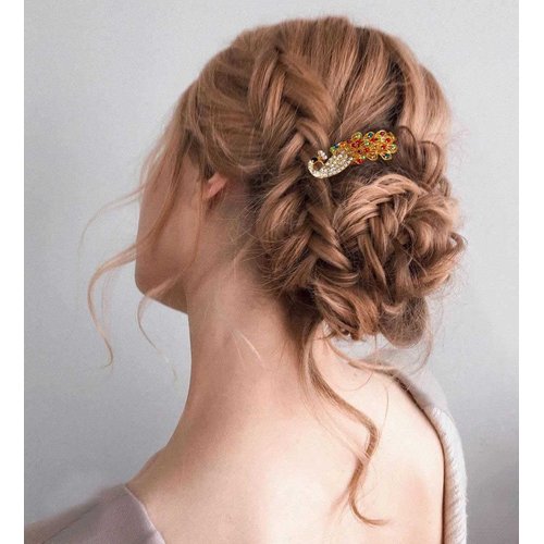Casdre Crystal Hair Clip Gold Bridal Hair Piece Party Prom Peacock Hair Accessories for Women and Girls(Pack of 1) (E Colorful)