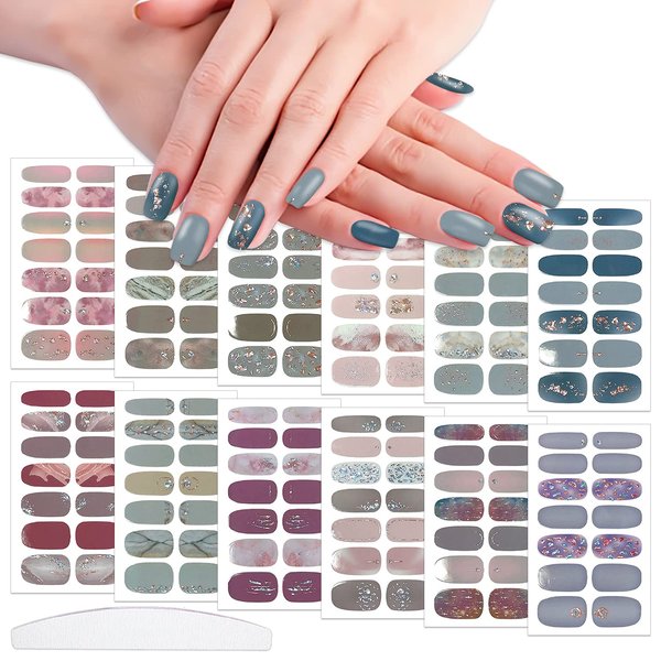 WOKOTO 12 Sheets Glitter Gradient Nail Polish Stickers for Women Nail Art Gel Polish Stickers for Nails Polish Strips Nail Stickers Full Nail Wraps Gel Nail Wraps Nail Art Stickers for Gel Nails