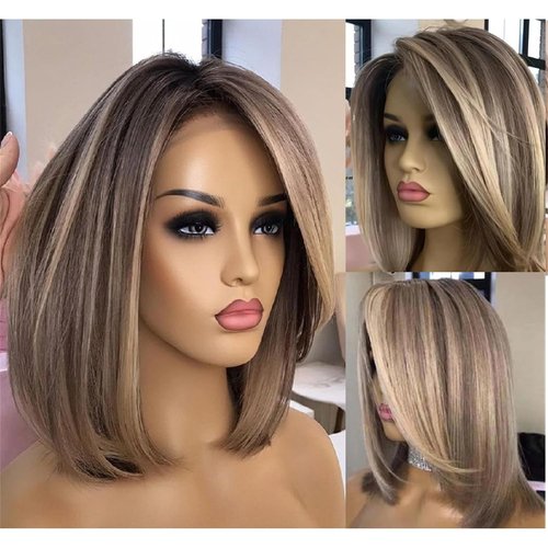 Tolerdwum 2024 New Side Part Ash Blonde Highlight Short Bob Wigs Synthesis Straight Wigs Without Bangs for Daily Party (Brown)