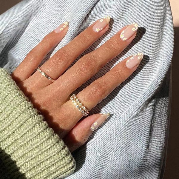BABALAL 24Pcs Nude Fake Nails Medium Oval Press on Nails Cute Flower Artificial Acrylic Nails Glossy Full Cover Nail Tips for Women and Girls