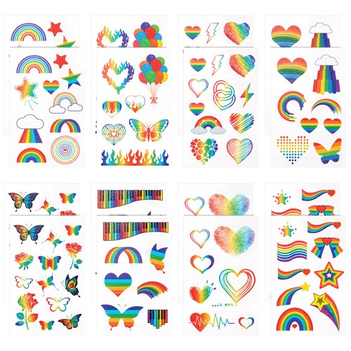 CHANZET Rainbow Pride Temporary Tattoos Stickers 16 Sheets, Butterfly Heart Star Waterproof LGBT Tattoo Stickers for Body Face Pride Day Parades Party Accessories