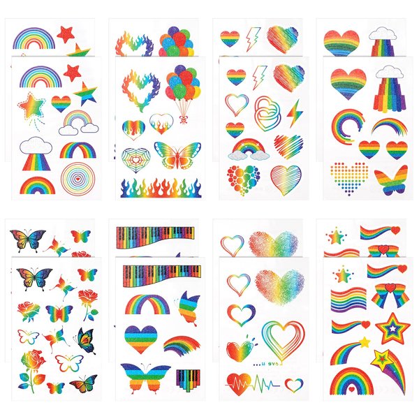 CHANZET Rainbow Pride Temporary Tattoos Stickers 16 Sheets, Butterfly Heart Star Waterproof LGBT Tattoo Stickers for Body Face Pride Day Parades Party Accessories