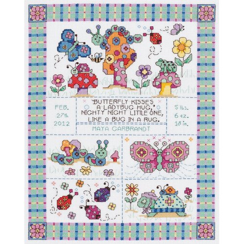 Janlynn 14 Count Bug in a Rug Birth Record Counted Cross Stitch Kit, 9-3/4-Inch by 12-3/4-Inch White