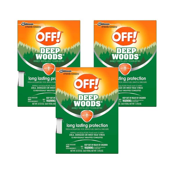 OFF! Deep Woods Insect Repellent Towelettes, Long Lasting Protection from Mosquitoes, Unscented, 12 Count (Pack of 3)