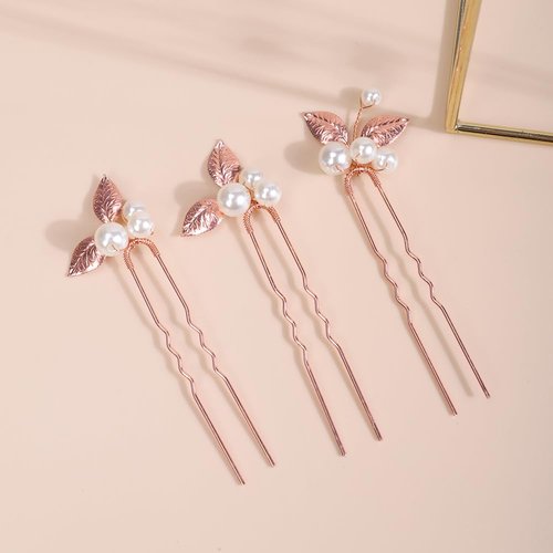 Rumtock Pearl Hair Pins with Rose Gold Leaf Earrings Handmade Hair Piece Jewelry Set for Wedding Brides Hair Accessories (Rose Gold)