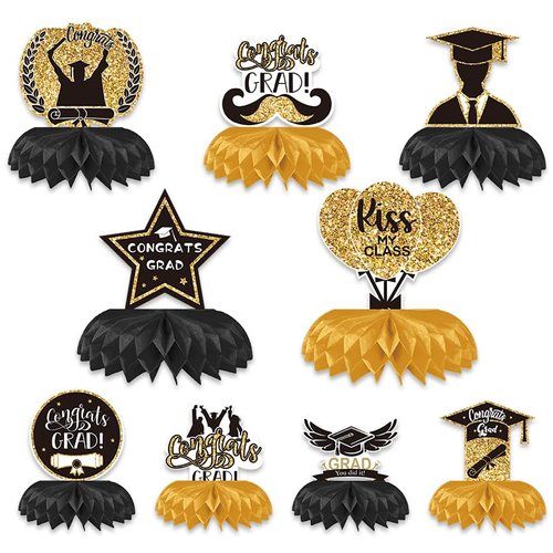 10PCS Graduation Party Decorations Class of 2024 Congrats Grad Table Centerpieces Congratulate Graduation Honeycomb Table Toppers for Graduation Party Supplies (Black)