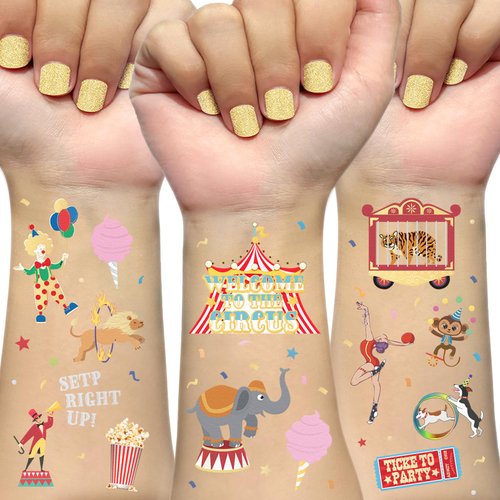 Ovasorve Carnival Circus Temporary Tattoos for Kids 42 Gold and Silver Foil Styles Circus Theme Party Decorations Carnival Party Favors