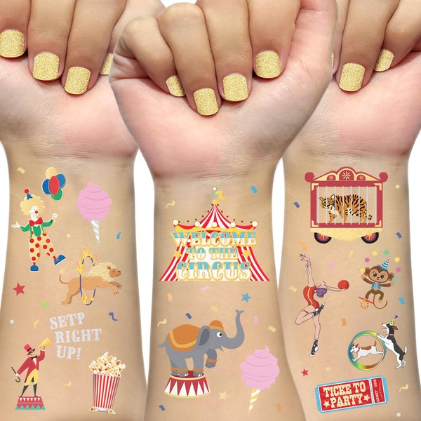 Ovasorve Carnival Circus Temporary Tattoos for Kids 42 Gold and Silver Foil Styles Circus Theme Party Decorations Carnival Party Favors