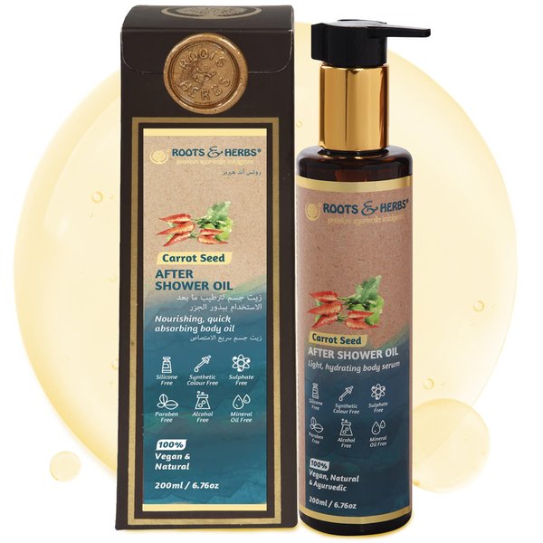 Carrot Seeds After Shower Body Oil - Hydrating Body Oil for Dry Skin with Ayurvedic Herbs, Sweet Almond, Apricot, Pomegranate Essential Oils - Body Moisturizer for Women & Men - Roots & Herbs, 6.76oz