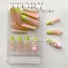 Green Press on Nails Long Square Fake Nails French Tip Glue on Nails Pink Flower False Nails with Bow Pearl Heart Design Full Cover Acrylic Nails Summer Artificial Stick on Nails for Women 24Pcs