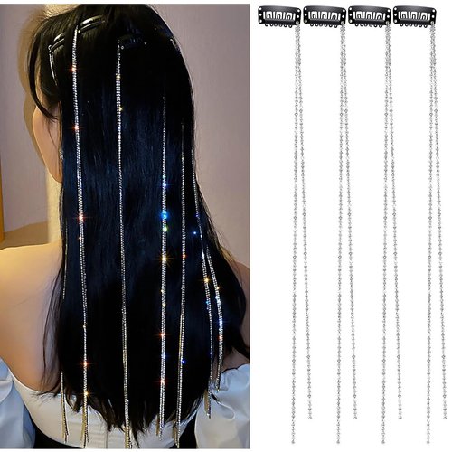 SONGJIE Hair Chains for Women, 4 Pieces Rhinestone Tassel Silver Hair Clips, Hair Extensions Deco...