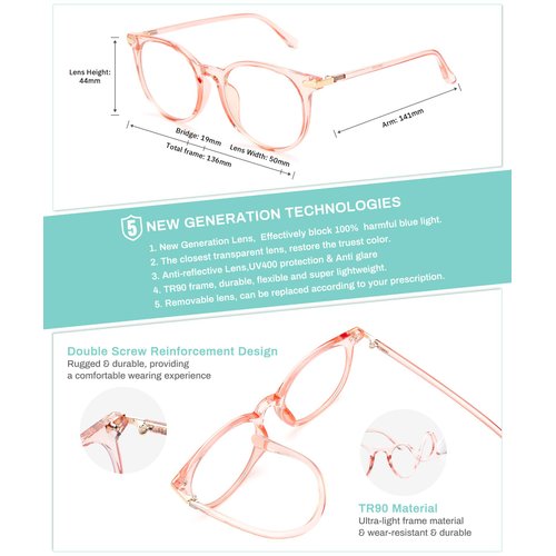 Gaoye Blue Light Blocking Glasses, Retro Round Eyewear Frame Anti Eyestrain Computer Glasses for Women Men - GY1688 (Pink Frame/Transparent Lens)