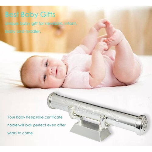 RUMUISE Certificate Display Stand Set for Home Decoration, Birth Certificate case with Stand, Metal Holder for Small Scroll, Silver Plated Baby Keepsake Gift, Scroll Storage Tube for Baptism Decor