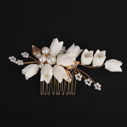 BERYUAN Wedding Gold Leaf Flower Hair Comb Pearls Flower Hair Side Comb White Flowers Leaf Wedding Headpiece Gold Wedding Headpiece Vintage Wedding Hair Comb for Brides Bridesmaid