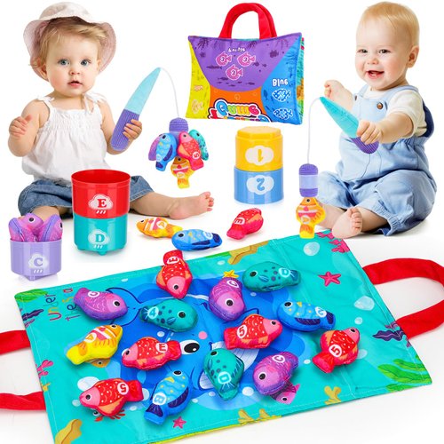 PEBIRA Montessori Toddler Toys for 1 Year Old Boy Girl, 23 pcs Cloth Fishing Game, 2 Poles, Stacking Cups, Learning Toys for Number & Color Sorting, Birthday Gift for Age 6-12 18 Month Baby Kid Infant
