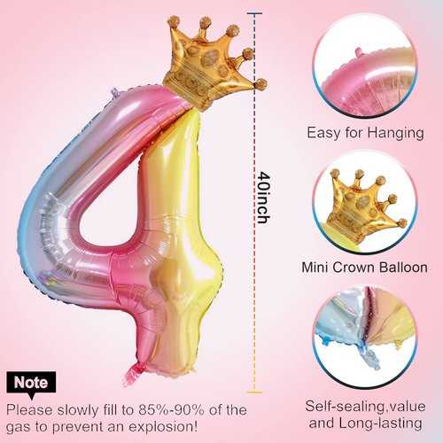 40 Inch Rainbow Gradient Number 4 and Mini Crown Balloon for 4th Birthday Party Decorations, Girl Birthday Party Balloons Decorations,Anniversary Decorations Supplies