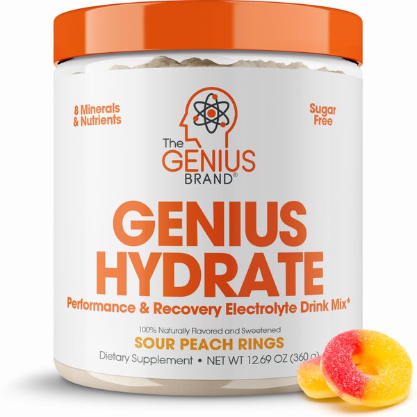 Genius Hydrate Powder Drink Mix Sour Peach Rings 50 Servings Natural Electrolyte Hydration Booster Endurance Supplement with Coconut Water Potassium Magnesium Zinc Sugar Free No Artificial Sweeteners
