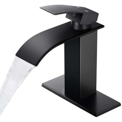 Qomolangma Black Waterfall Spout Bathroom Faucet, Single Handle Vanity Sink, Rv Lavatory Vessel Faucet Suitable for 1 or 3 Holes with 6 Inch Deck Plate & Hose Matte Black