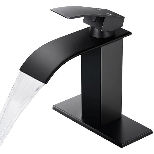 Qomolangma Black Waterfall Spout Bathroom Faucet, Single Handle Vanity Sink, Rv Lavatory Vessel Faucet Suitable for 1 or 3 Holes with 6 Inch Deck Plate & Hose Matte Black