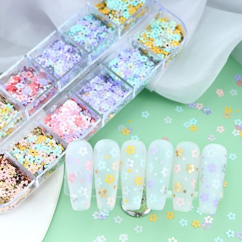Flower Nail Art Glitter Sequins 12 Grids Holographic Floral Nail Glitter Flakes Spring Colorful Flower Nail Art Decoration Supplies Sparkly Glitter for Acrylic Nails Design Manicure Tips Accessories