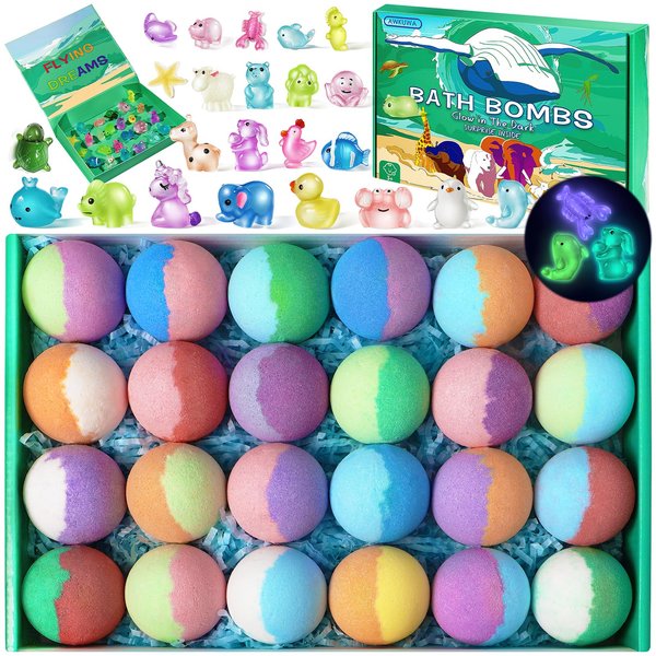 Bath Bombs for Kids with Toys Inside - 24 Pack Kids Bath Bombs with Glow in The Dark Surprise Toys Inside, Natural Organic Bubble Bath Fizzy, Valentines Day Gifts for Kid Girls Boys, Valentines Gifts