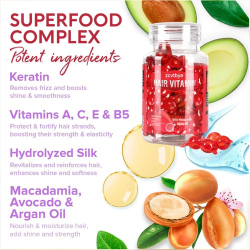 Zcvtbye Hair Treatment Serum Oil Capsule 2-Bottle 60Pcs - Moroccan Argan, Macadamia & Avocado Oils - Vitamins A C E Pro B5 - Hair Conditioner Repair Treatment for Dry Damaged Hair (Red: DEEP REPAIR)