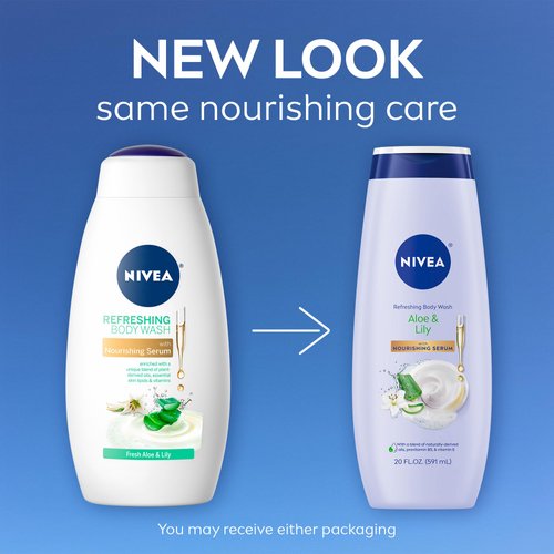 NIVEA Fresh Aloe and Lily Refreshing Body Wash with Nourishing Serum, 20 Fl Oz Bottle