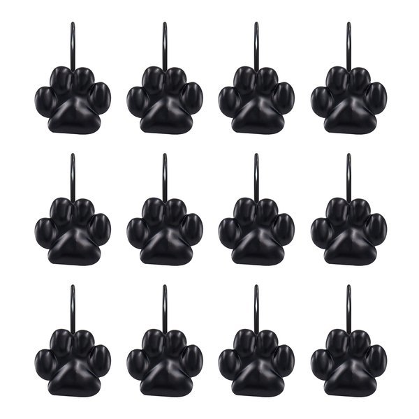 Sunlit Fashion Design Cute Paw Print Polished Shower Curtain Hooks for Dog Cat and Bear, Rust Proof Oil Metal Shower Curtain Rings, Black-12 Pack