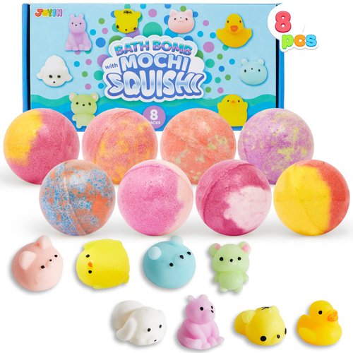 JOYIN 8 Pack Big Bath Bombs for Kids with Mochi Squishy Toy, Surprise Toy Inside, Natural Essential Oil SPA Bath Fizzies Set, Kids Safe Party Favors for Boys and Girls