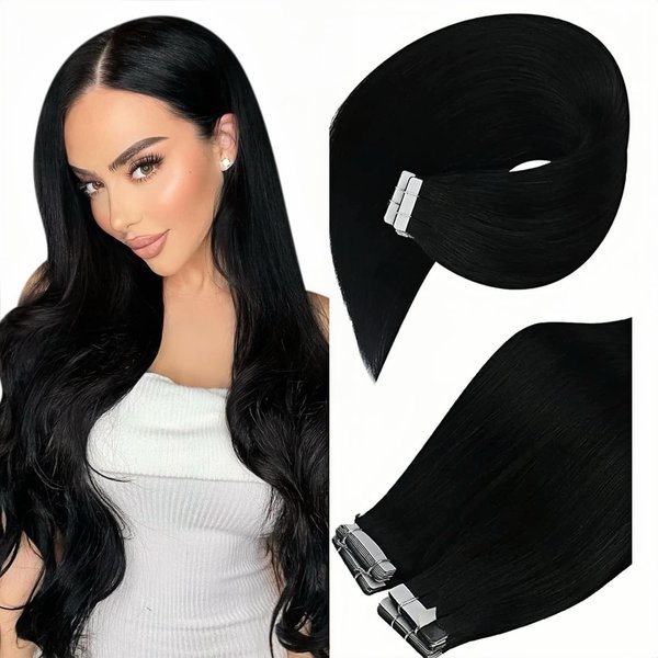 Ve Sunny Black Tape on Extensions Human Hair Natural Black Hair Extensions Tape in Real Human Hair Black Fashion Tape ins Human Hair Extensions Remy 20pcs 50g 16inch