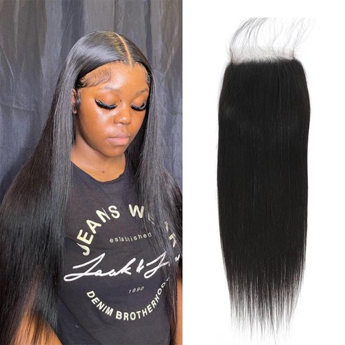 4X4 Straight Transparent Lace Closure Human Hair Extensions Unprocessed Brazilian Virgin Human Hair Frontal Free Part Closure Only Pre Plucked with Baby Hair 14 Inch