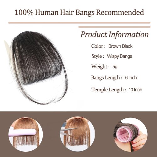 Clip In Bangs-100% Real Human Hair Bangs Clip Brown Black Clip On Bangs Hair Extensions Fake Bangs Human Hair Wispy Bangs Hair Clip Fringe With Temples Hairpieces Curved Bangs For Daily Wear