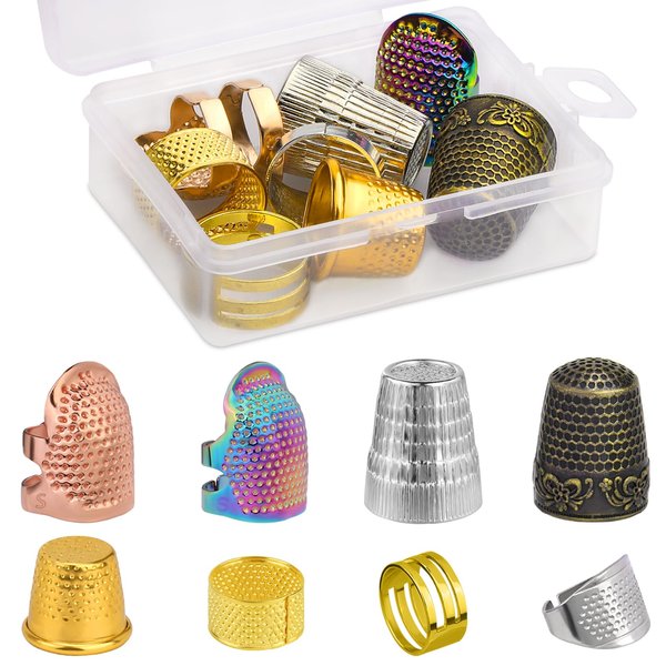 Nitlak 8 Pcs Metal Sewing Thimble, Adjustable Thimble for Hand Sewing Finger Protector,DIY Sewing Tools Accessories, Sewing Thimble Cap with Plastic Storage Box