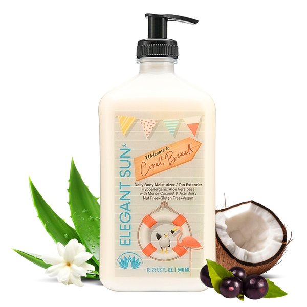 Elegant Sun Coral Beach Daily Moisturizer, Tan Extender Lotion, After Sun Lotion Tanning Bed Lotion, Aloe Vera base, Hypoallergenic, Sensitive Skin Lotion for Men or Women, Unisex Fresh Scent