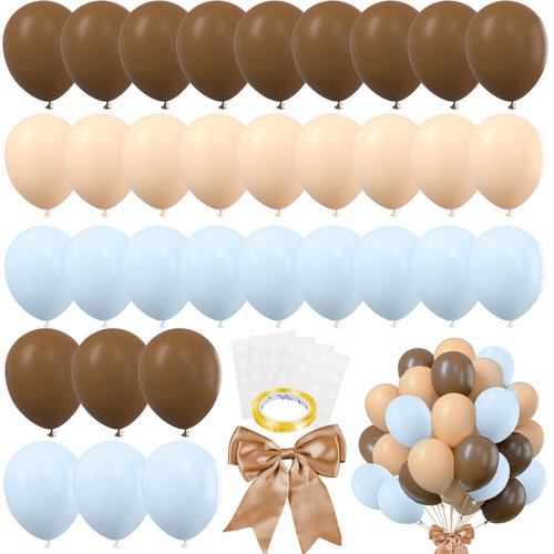 82 PCS Party Balloons Kit Latex 10 inch Brown Blue Khaki Cream Balloons with Brown Ribbon Bow for Boy Wedding Party Gender Reveal Decorations Baby Shower Bear Party Supplies (Style 9)