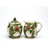 Cosmos Gifts 10303 Fine Ceramic Emerald Green Holiday Holly with Red Berry and Pine Cone Sugar and Creamer Set, 4 3/8" H