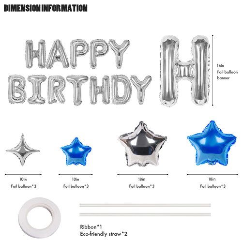 CANREVEL Happy Birthday Banner 13pcs 16 Inch Mylar Foil Letters with 12pcs Star Balloons Birthday Party Decorations for Kids and Adults - 3D Silver Blue