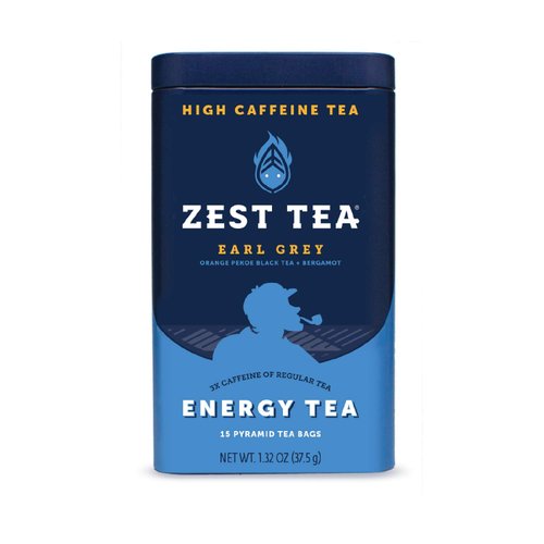 Zest Tea Premium Energy Hot Tea, High Caffeine Blend Natural & Healthy Traditional Black Coffee Substitute, Perfect for Keto, 150 mg Caffeine per Serving, Earl Grey Black Tea, Tin of 15 Sachet Bags