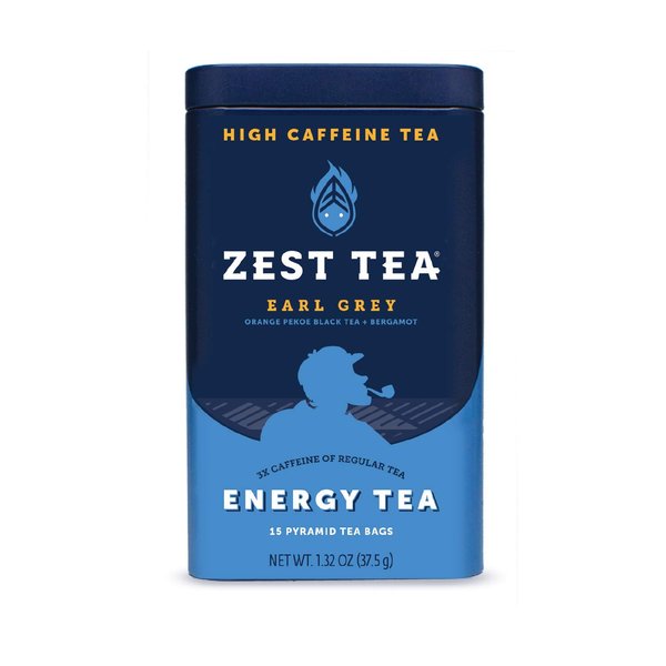 Zest Tea Premium Energy Hot Tea, High Caffeine Blend Natural & Healthy Traditional Black Coffee Substitute, Perfect for Keto, 150 mg Caffeine per Serving, Earl Grey Black Tea, Tin of 15 Sachet Bags