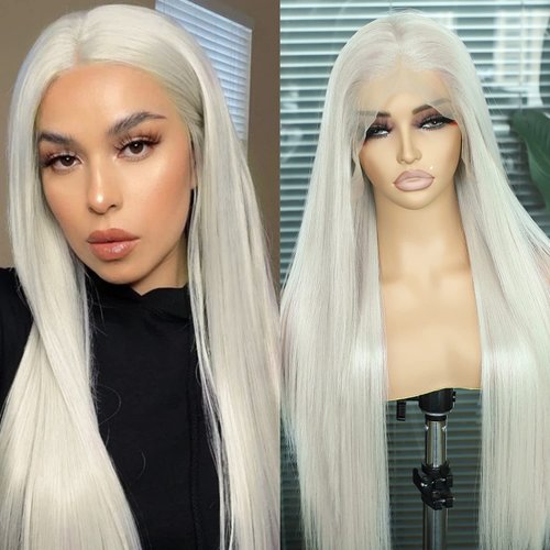 SAPPHIREWIGS 13×6 Platinum Blonde Lace Front Wigs Long Straight Hair #60 White Wig Synthetic Lace Front Wigs for Women Kanekalon Futura Hair Daily Party Halloween Use 26inch