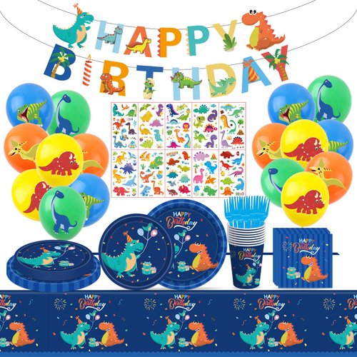 Poqirzan 108PCS Dinosaur Birthday Party Supplies Dinosaur Party Decorations Dinosaur Party Tableware Set Dinosaur Paper Plates and Napkins Balloons Temporary Tattoos Dino Birthday Decorations Serve 16