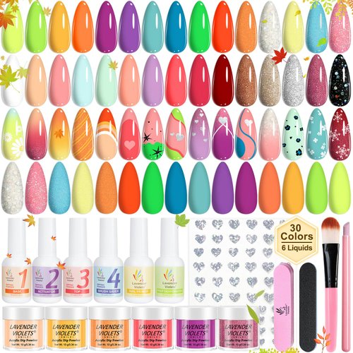 Lavender Violets 94Pcs Dip Powder Nail Kit Starter, 30 Dip Powder Colors Neon Red Purple Green Or...