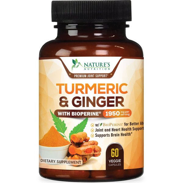 Turmeric Curcumin with BioPerine & Ginger 95% Curcuminoids 1950mg - Black Pepper Extract for Max Absorption, Nature's Joint Support Supplement, Herbal Turmeric Pills, Vegan Non-GMO - 60 Capsules