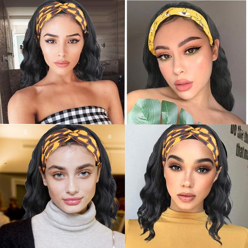 Oseti Short Curly Headband Wigs for Black Women Black Wavy Wigs with Headbands Attached Body Wave Wig Head Wrap Wigs with Ice Silk Turban Synthetic Headband Wigs for Women Short Loose Bob Wig 14Inch